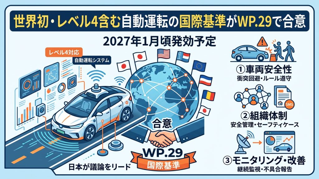 世界初・レベル4含む自動運転の国際基準がWP.29で合意、2027年1月頃に発効へ
