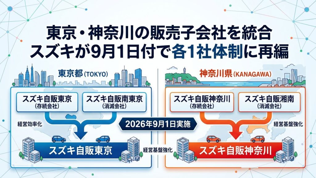 東京・神奈川の販売子会社を統合　スズキが9月1日付で各1社体制に再編